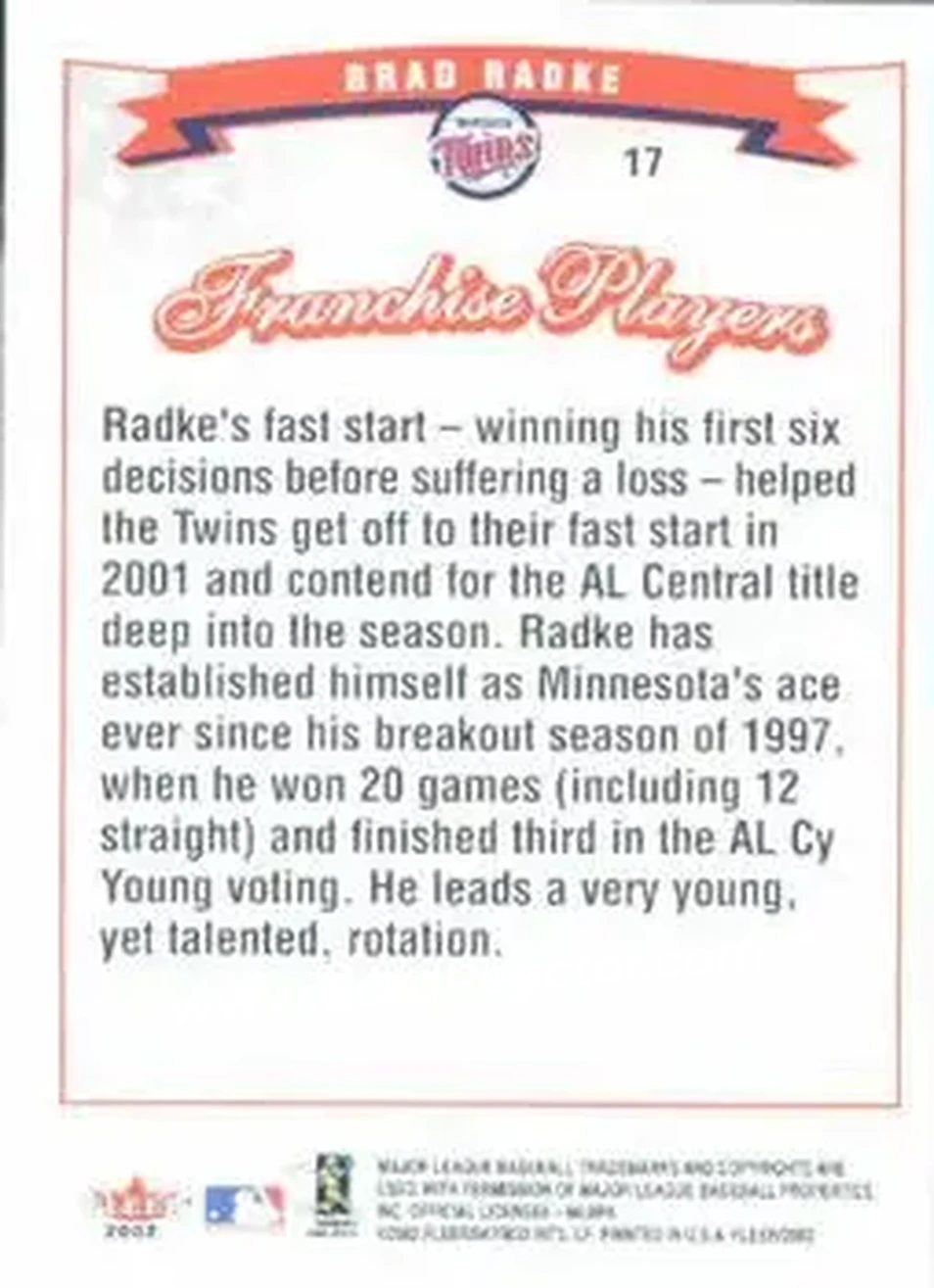 2002 Fleer #17 - Brad Radke - Minnesota Twins - Back