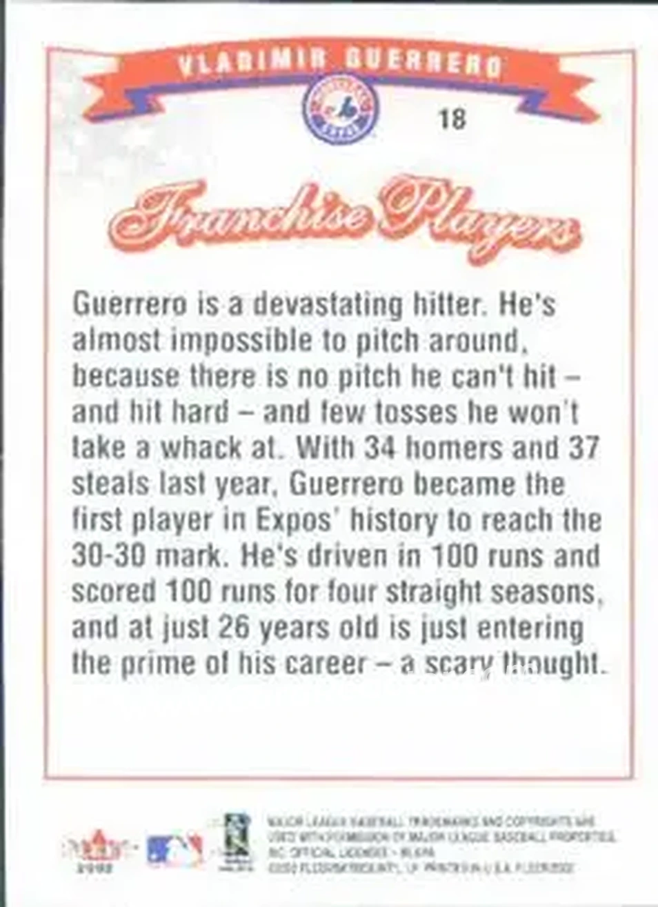 2002 Fleer #18 - Vladimir Guerrero - Montreal Expos - Back
