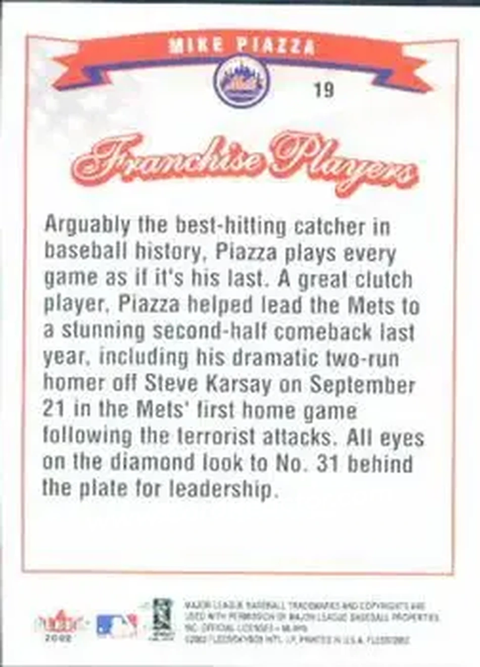 2002 Fleer #19 - Mike Piazza - New York Mets - Back