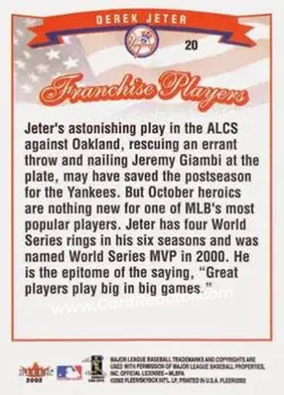 2002 Fleer #20 - Derek Jeter - New York Yankees - Back