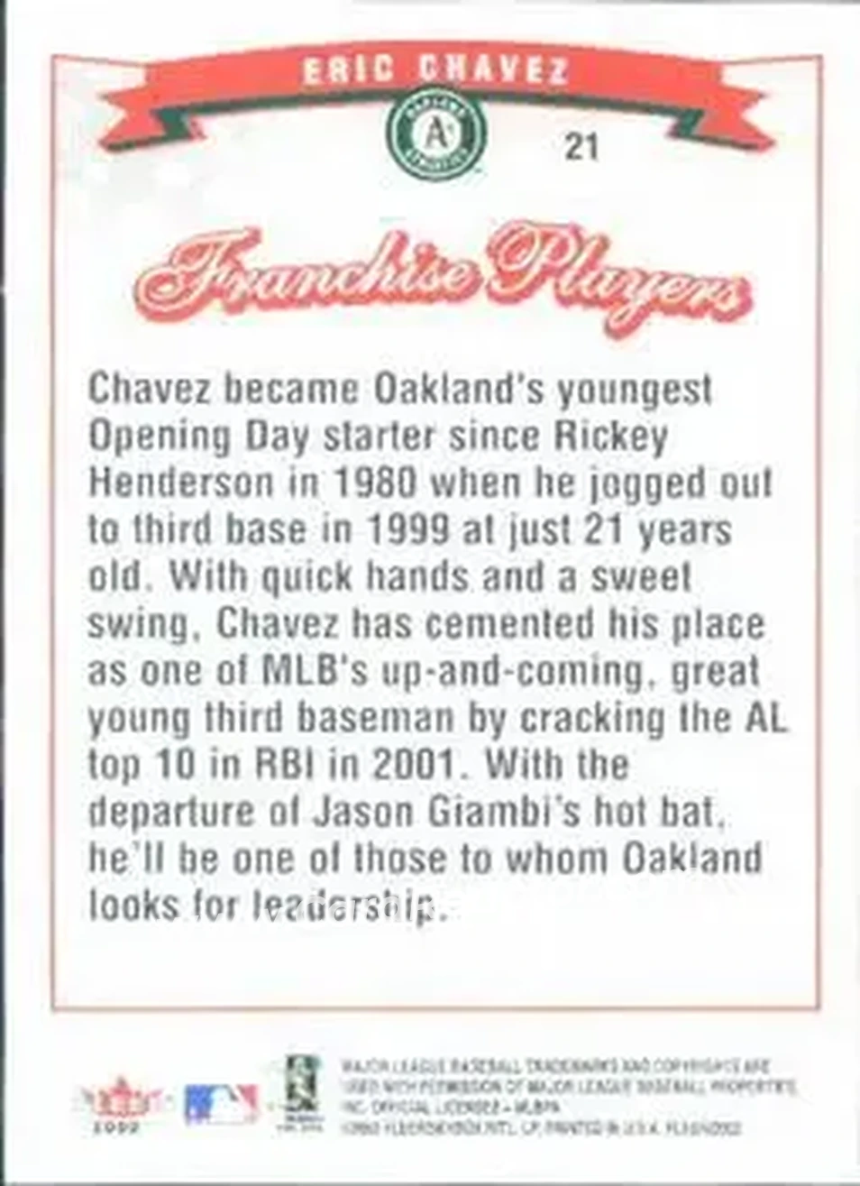 2002 Fleer #21 - Eric Chavez - Oakland Athletics - Back