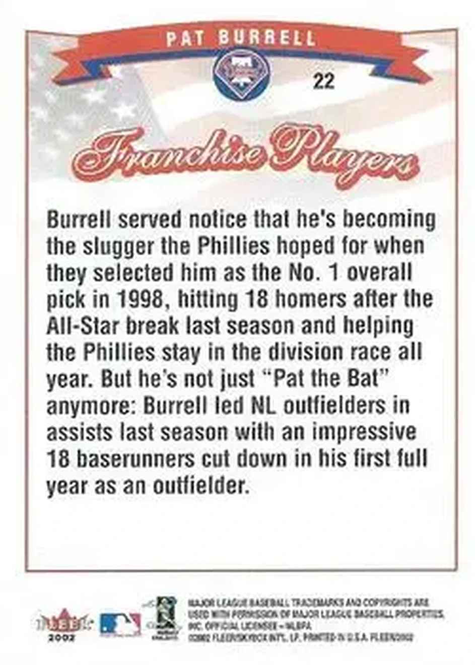 2002 Fleer #22 - Pat Burrell - Philadelphia Phillies - Back