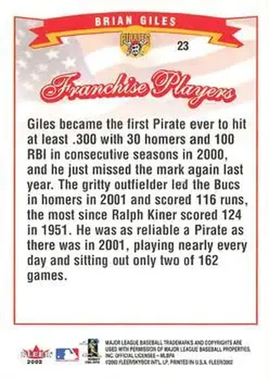 2002 Fleer #23 - Brian Giles - Pittsburgh Pirates - Back