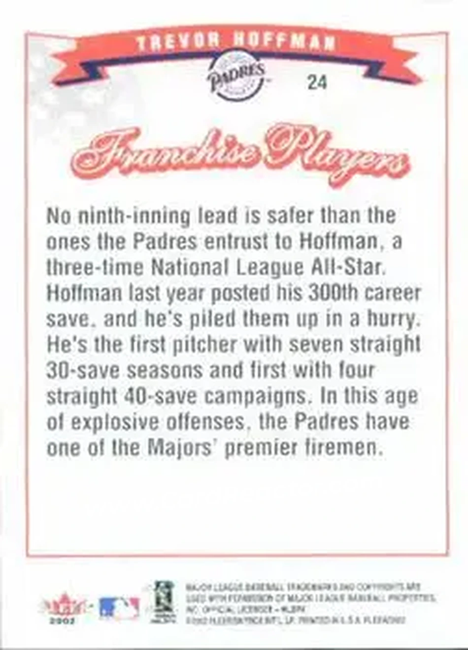2002 Fleer #24 - Trevor Hoffman - San Diego Padres - Back