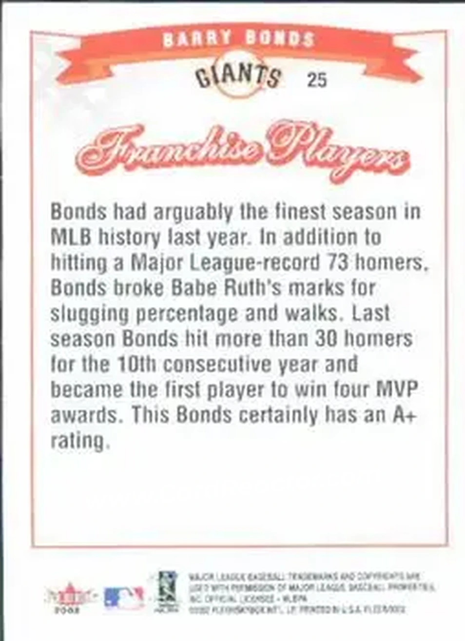 2002 Fleer #25 - Barry Bonds - San Francisco Giants - Back