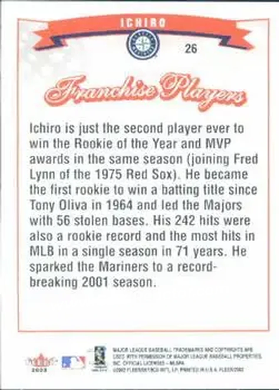 2002 Fleer #26 - Ichiro - Seattle Mariners - Back 2002 Fleer #26 - Ichiro - Seattle Mariners - Back
