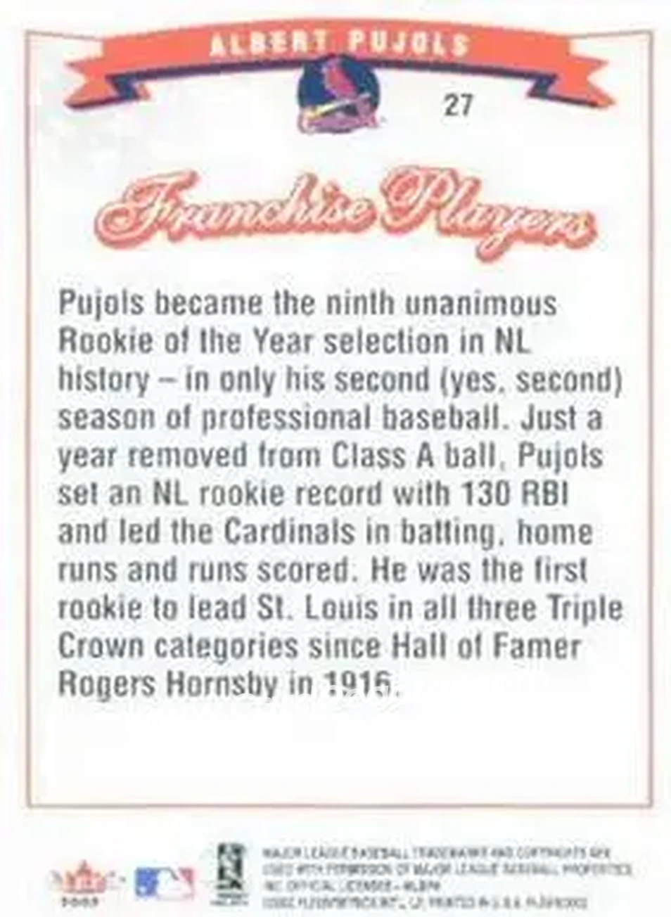 2002 Fleer #27 - Albert Pujols - St. Louis Cardinals - Back