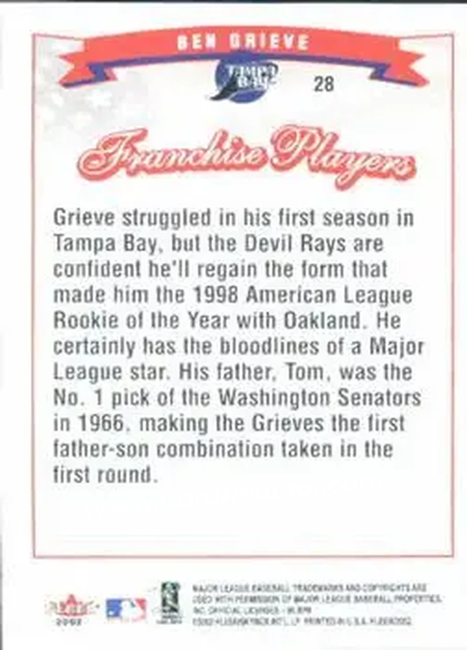 2002 Fleer #28 - Ben Grieve - Tampa Bay Devil Rays - Back