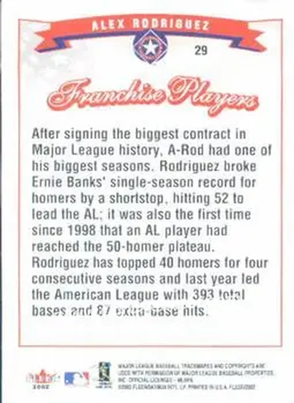 2002 Fleer #29 - Alex Rodriguez - Texas Rangers - Back