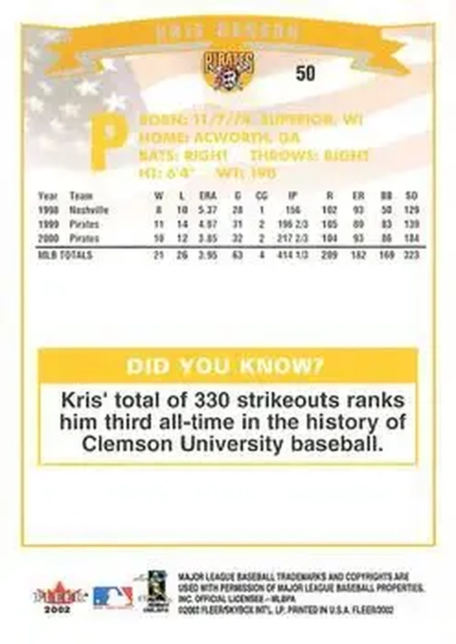 2002 Fleer #50 - Kris Benson - Pittsburgh Pirates - Back