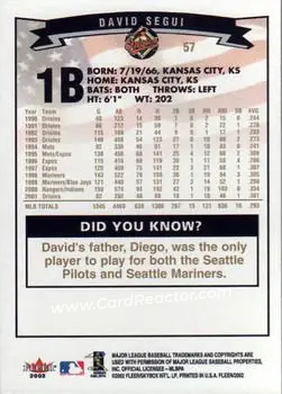 2002 Fleer #57 - David Segui - Baltimore Orioles - Back