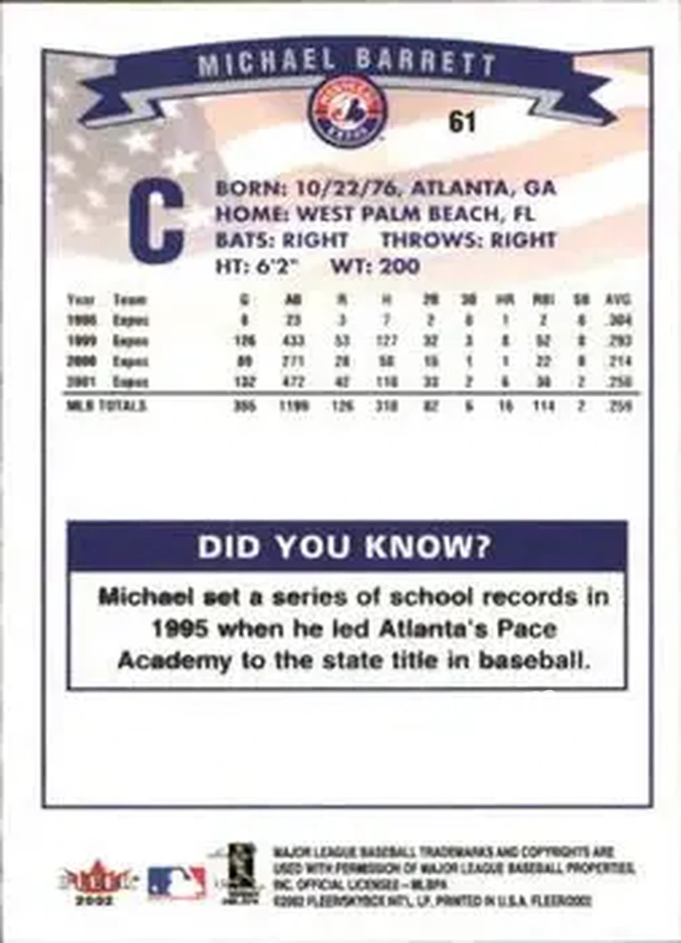 2002 Fleer #61 - Michael Barrett - Montreal Expos - Back 2002 Fleer #61 - Michael Barrett - Montreal Expos - Back