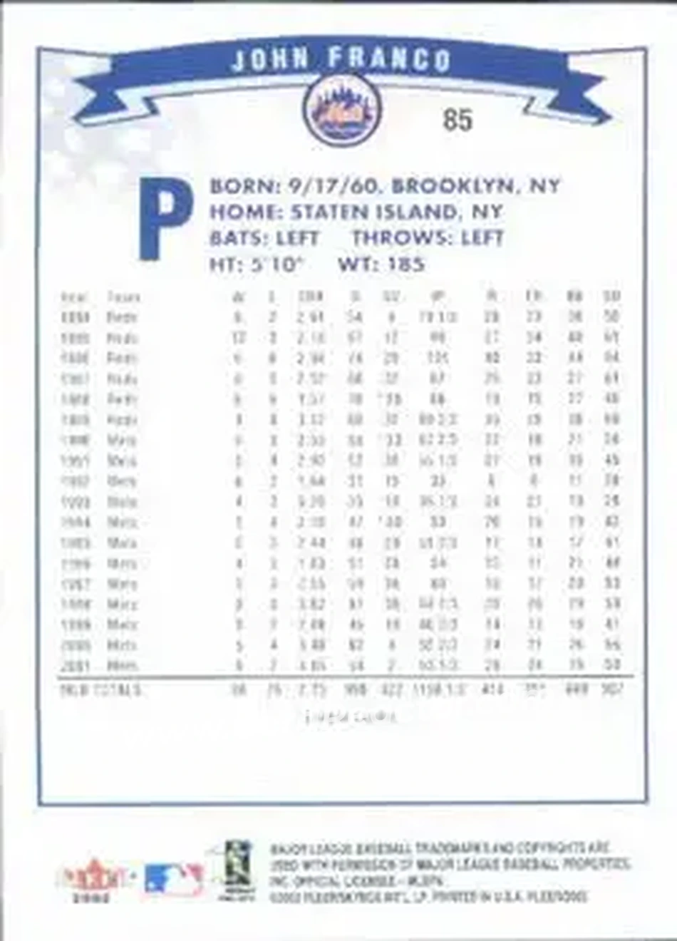 2002 Fleer #85 - John Franco - New York Mets - Back