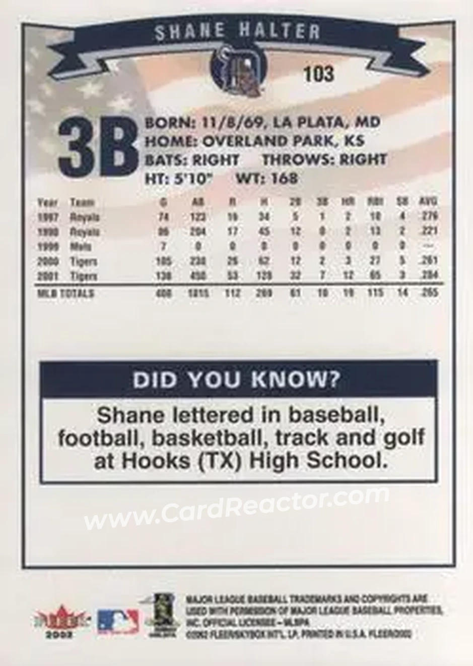 2002 Fleer #103 - Shane Halter - Detroit Tigers - Back 2002 Fleer #103 - Shane Halter - Detroit Tigers - Back