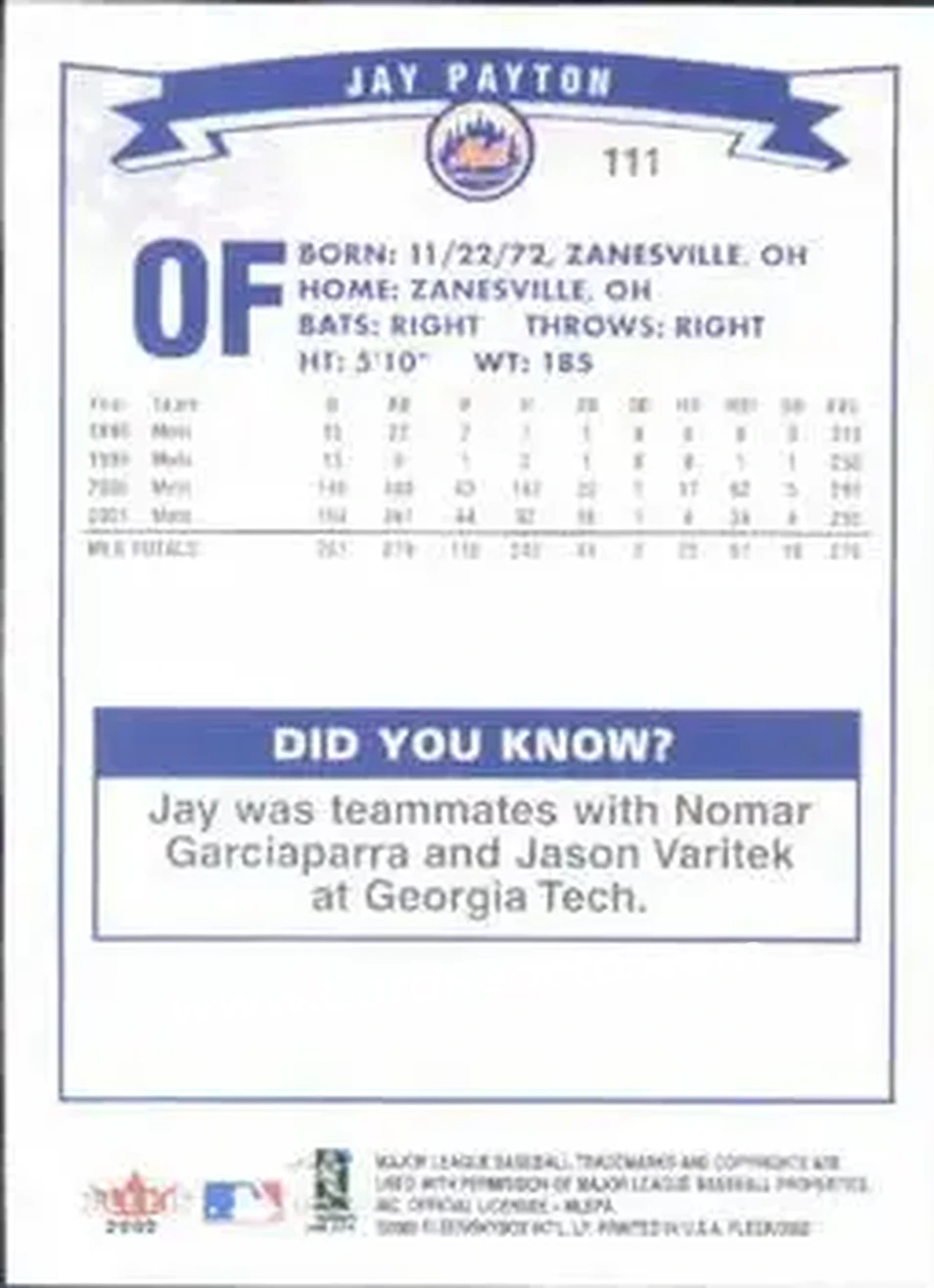 2002 Fleer #111 - Jay Payton - New York Mets - Back