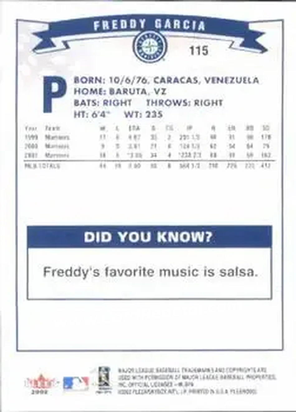 2002 Fleer #115 - Freddy Garcia - Seattle Mariners - Back 2002 Fleer #115 - Freddy Garcia - Seattle Mariners - Back