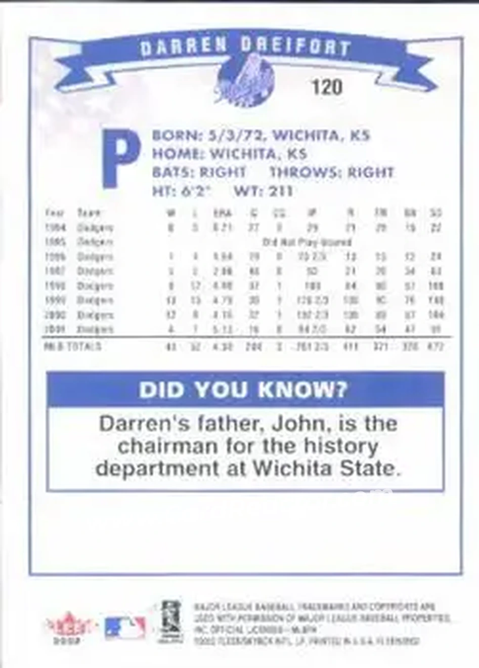 2002 Fleer #120 - Darren Dreifort - Los Angeles Dodgers - Back