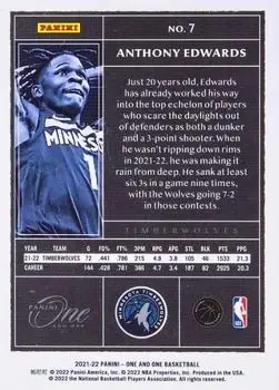 2021-22 Panini One and One #7 - Anthony Edwards - Minnesota Timberwolves - Back