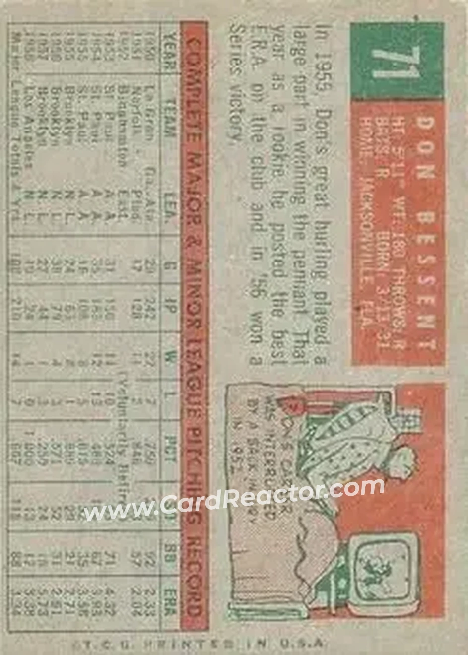 1959 Topps Venezuelan #71 - Don Bessent - Los Angeles Dodgers - Back