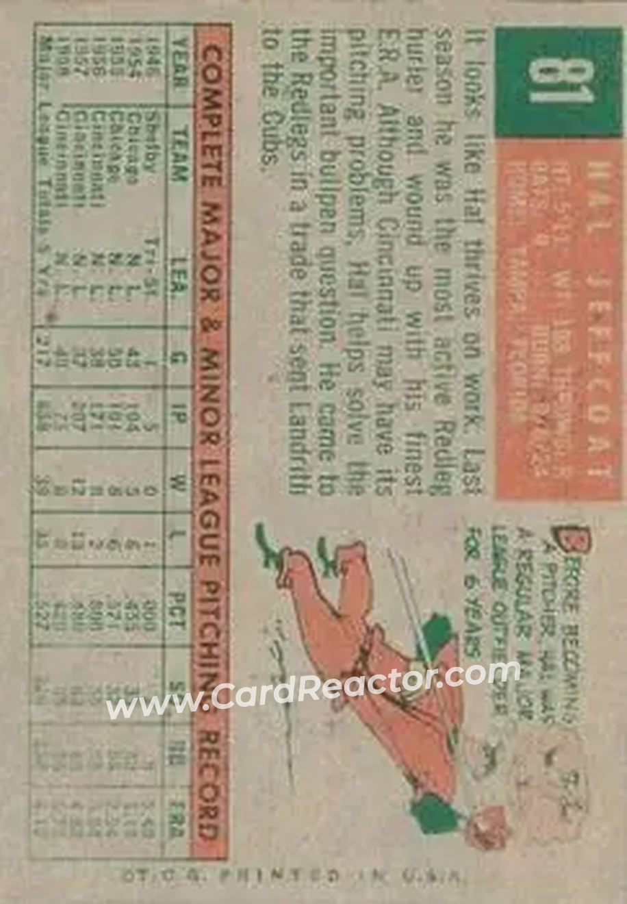 1959 Topps Venezuelan #81 - Hal Jeffcoat - Cincinnati Redlegs - Back 1959 Topps Venezuelan #81 - Hal Jeffcoat - Cincinnati Redlegs - Back