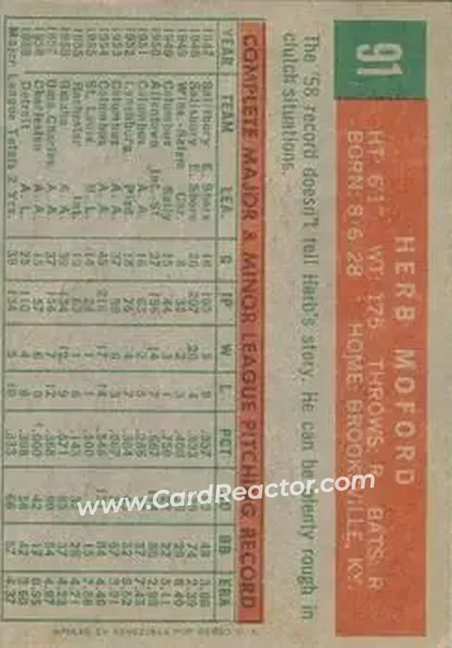 1959 Topps Venezuelan #91 - Herb Moford - Boston Red Sox - Back