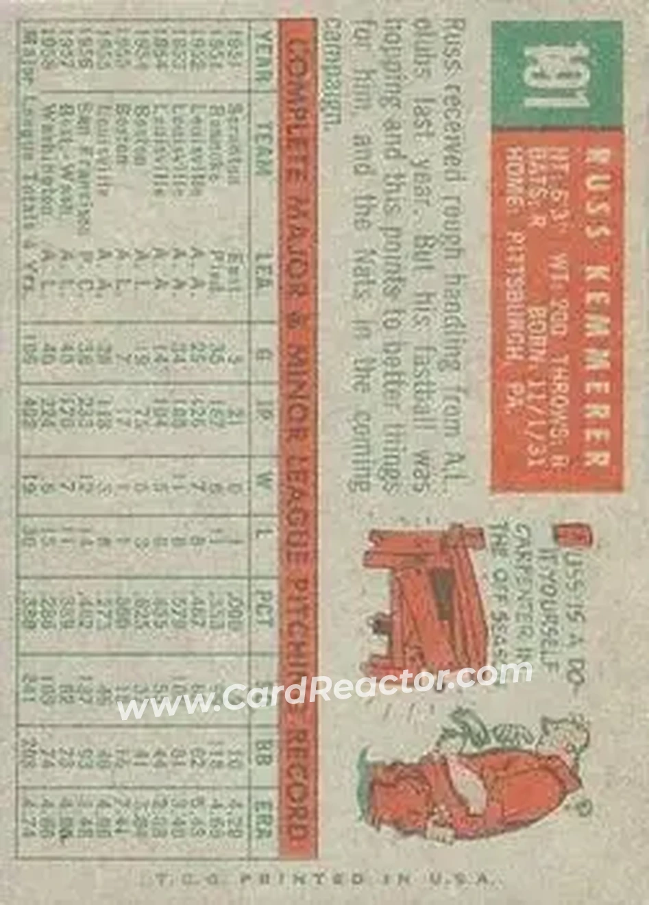 1959 Topps Venezuelan #191 - Russ Kemmerer - Washington Senators - Back 1959 Topps Venezuelan #191 - Russ Kemmerer - Washington Senators - Back