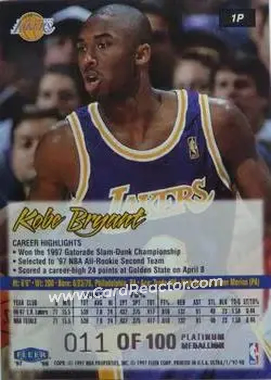 1997-98 Ultra - Platinum Medallion #1P - Kobe Bryant - Los Angeles Lakers - Back