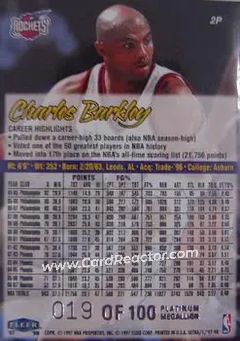 1997-98 Ultra - Platinum Medallion #2P - Charles Barkley - Houston Rockets - Back