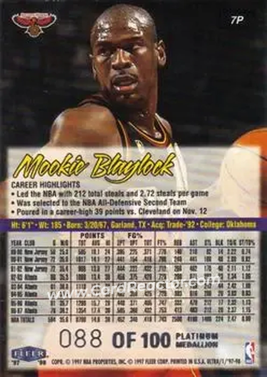 1997-98 Ultra - Platinum Medallion #7P - Mookie Blaylock - Atlanta Hawks - Back