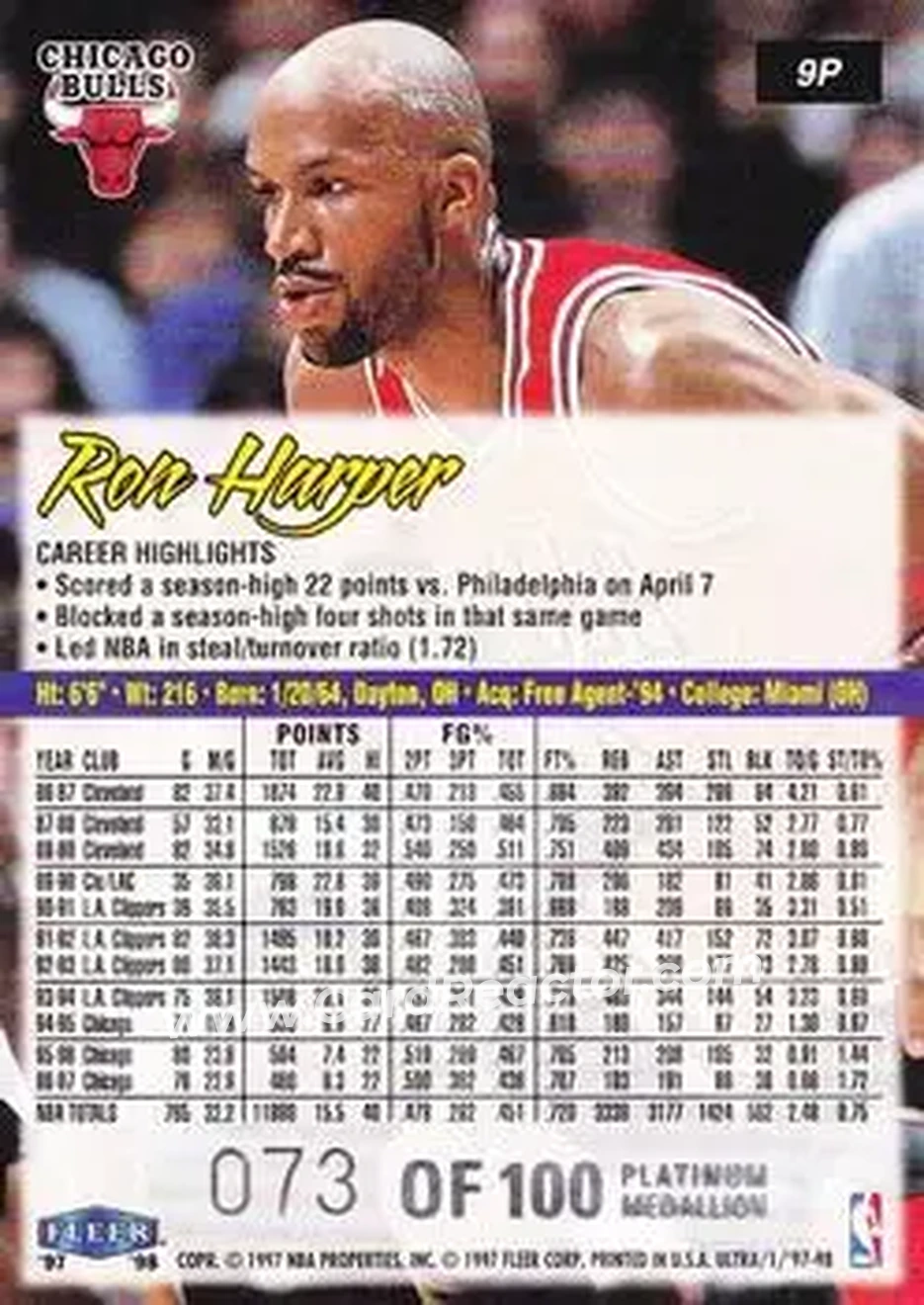 1997-98 Ultra - Platinum Medallion #9P - Ron Harper - Chicago Bulls - Back 1997-98 Ultra - Platinum Medallion #9P - Ron Harper - Chicago Bulls - Back