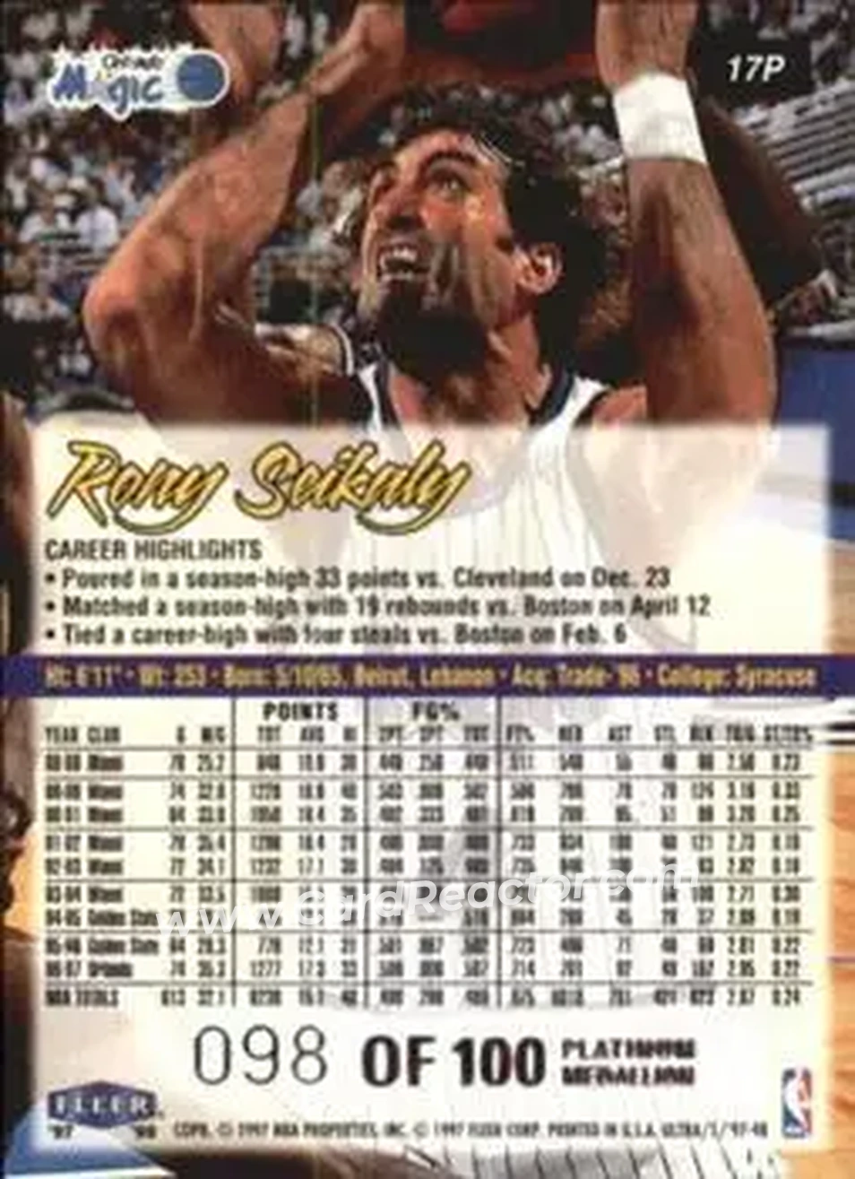 1997-98 Ultra - Platinum Medallion #17P - Rony Seikaly - Orlando Magic - Back