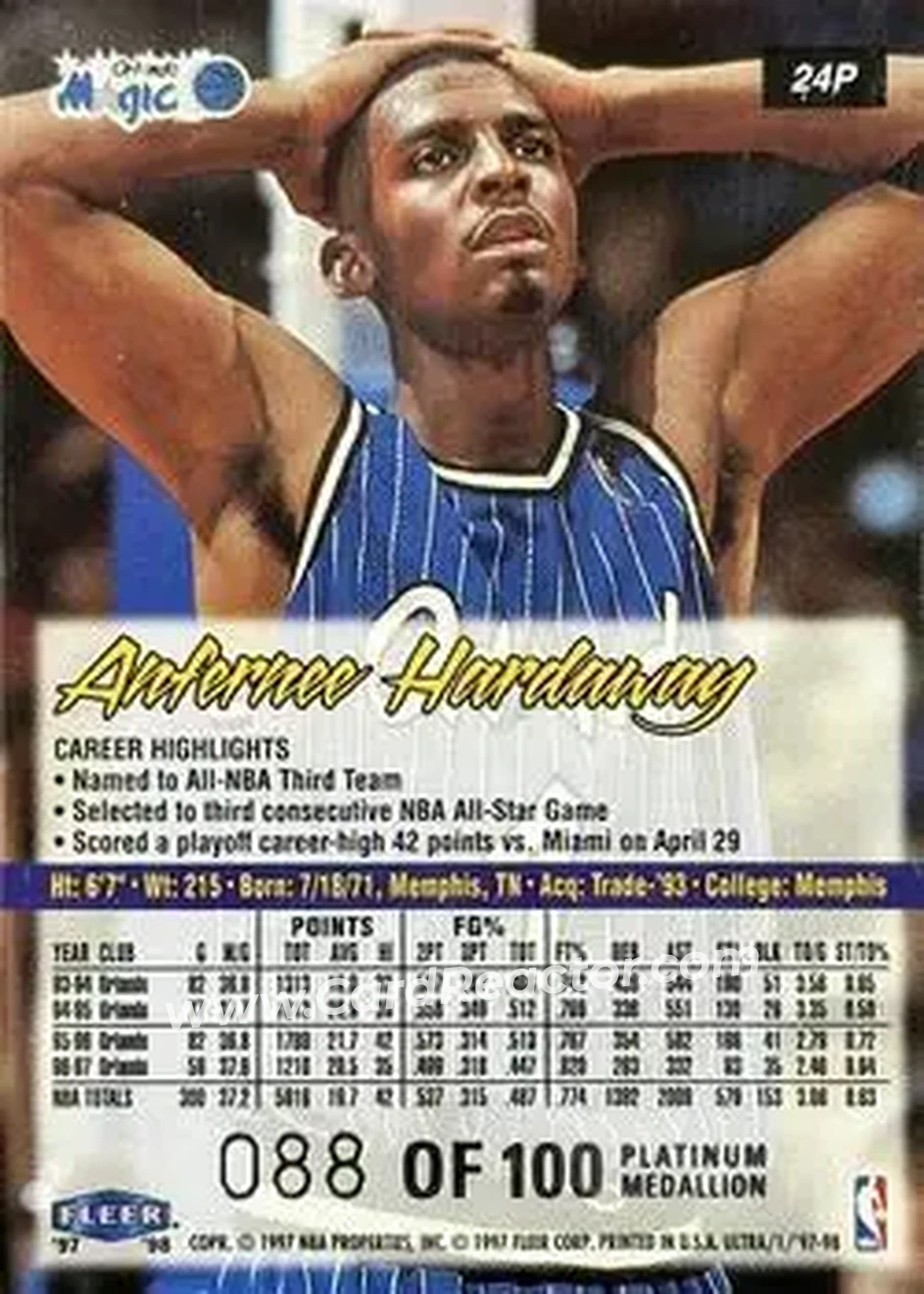 1997-98 Ultra - Platinum Medallion #24P - Anfernee Hardaway - Orlando Magic - Back 1997-98 Ultra - Platinum Medallion #24P - Anfernee Hardaway - Orlando Magic - Back