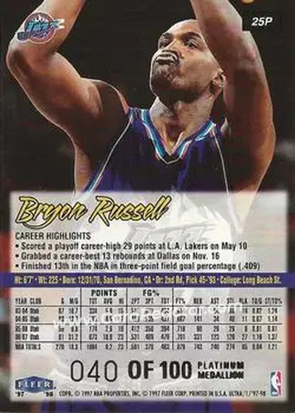 1997-98 Ultra - Platinum Medallion #25P - Bryon Russell - Utah Jazz - Back