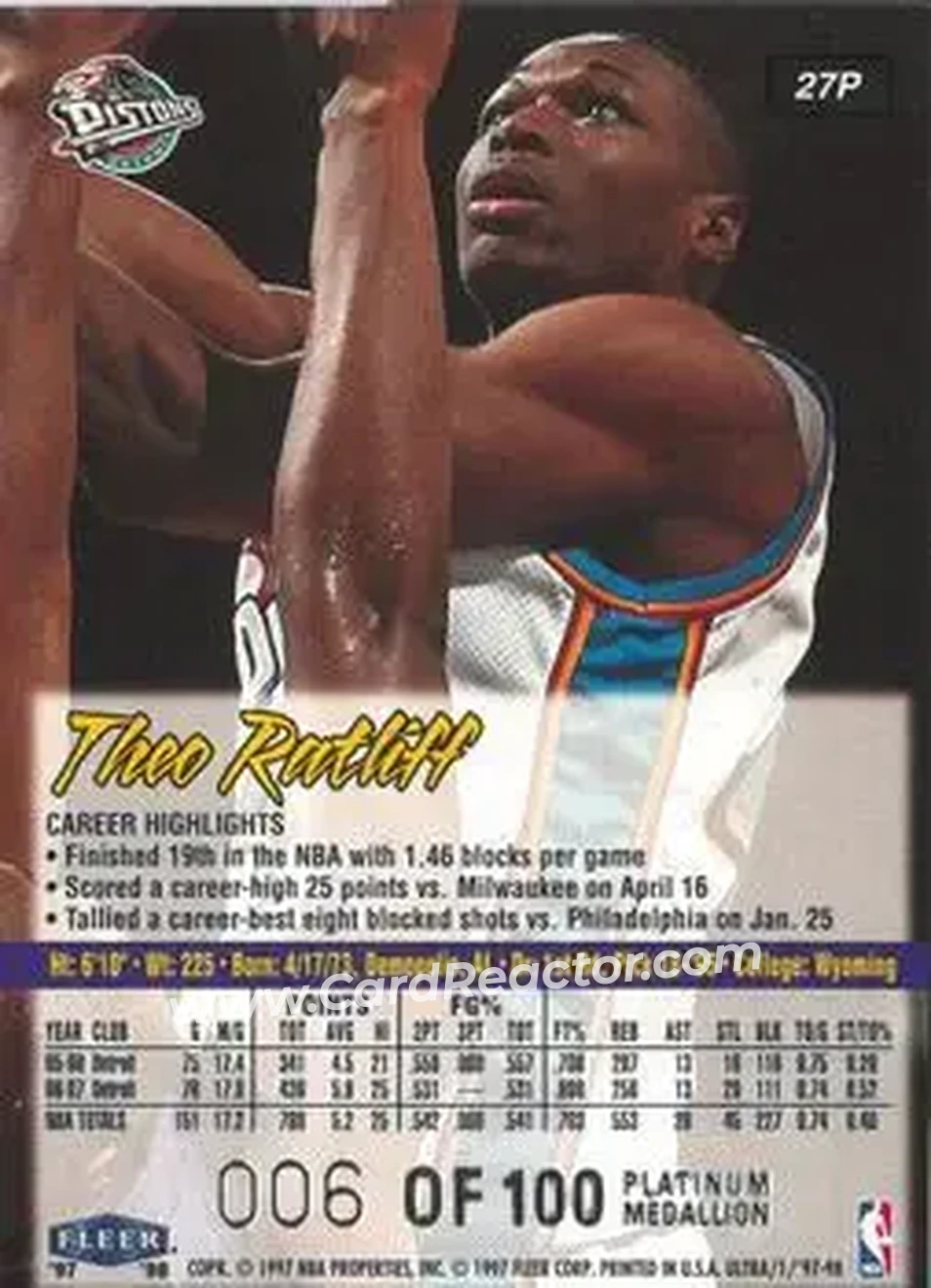1997-98 Ultra - Platinum Medallion #27P - Theo Ratliff - Detroit Pistons - Back