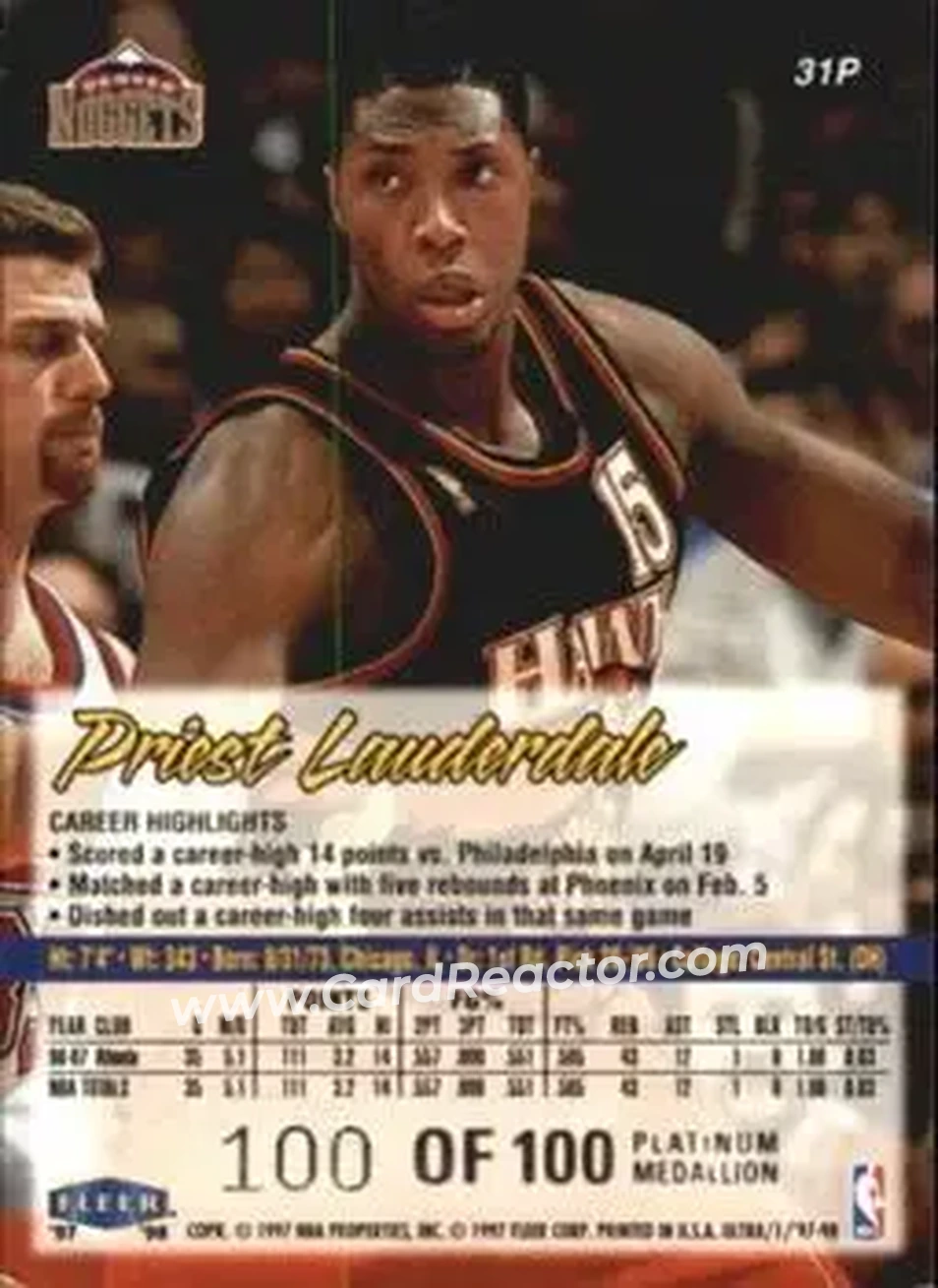 1997-98 Ultra - Platinum Medallion #31P - Priest Lauderdale - Atlanta Hawks - Back