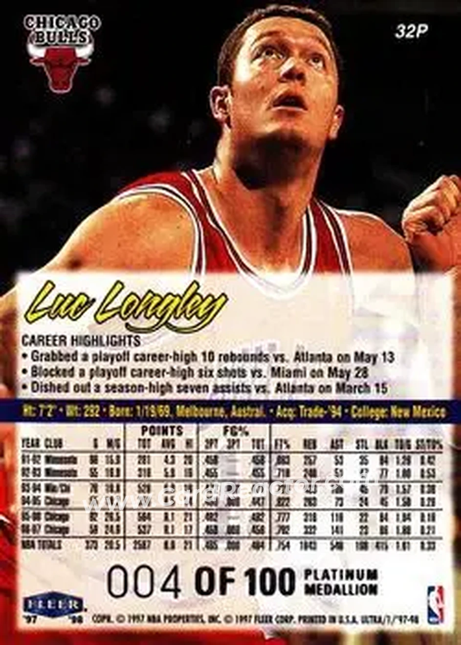 1997-98 Ultra - Platinum Medallion #32P - Luc Longley - Chicago Bulls - Back