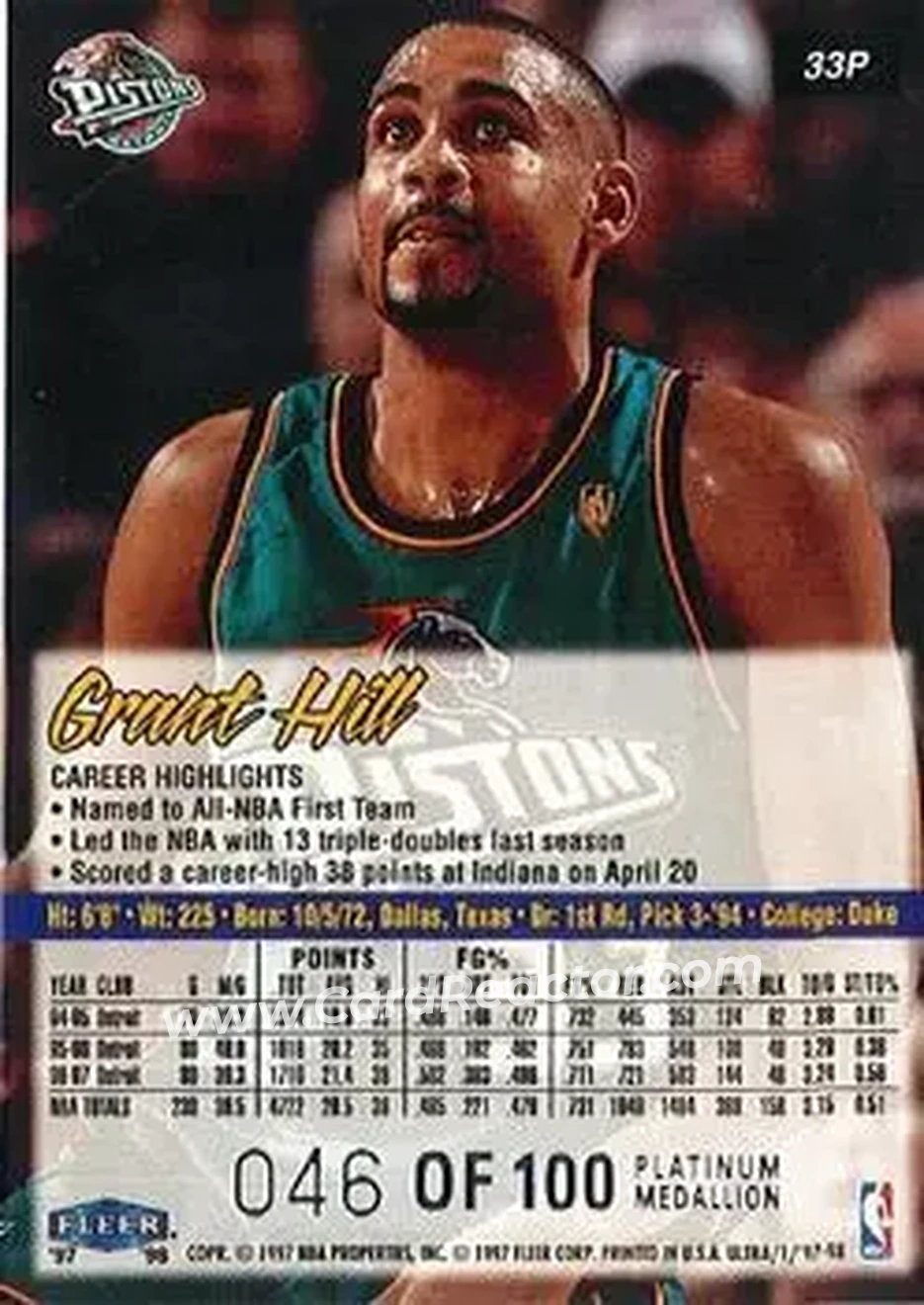1997-98 Ultra - Platinum Medallion #33P - Grant Hill - Detroit Pistons - Back