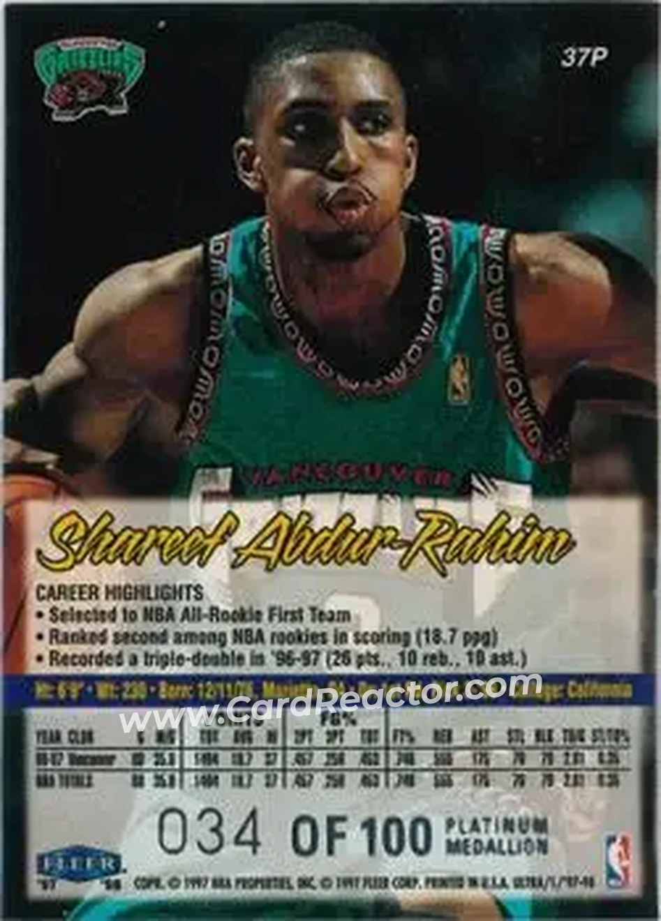 1997-98 Ultra - Platinum Medallion #37P - Shareef Abdur-Rahim - Vancouver Grizzlies - Back