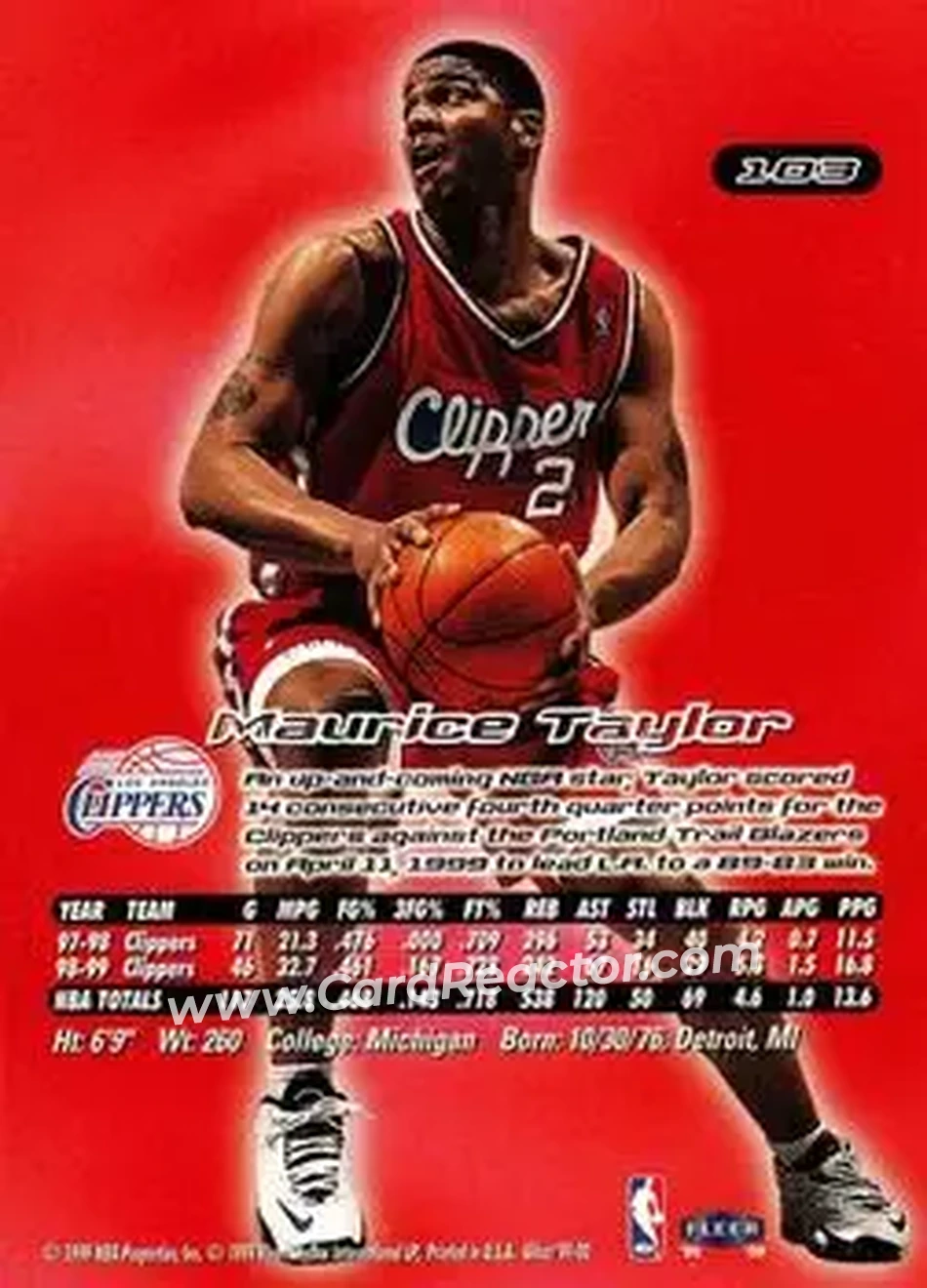1999-00 Ultra #103 - Maurice Taylor - Los Angeles Clippers - Back 1999-00 Ultra #103 - Maurice Taylor - Los Angeles Clippers - Back