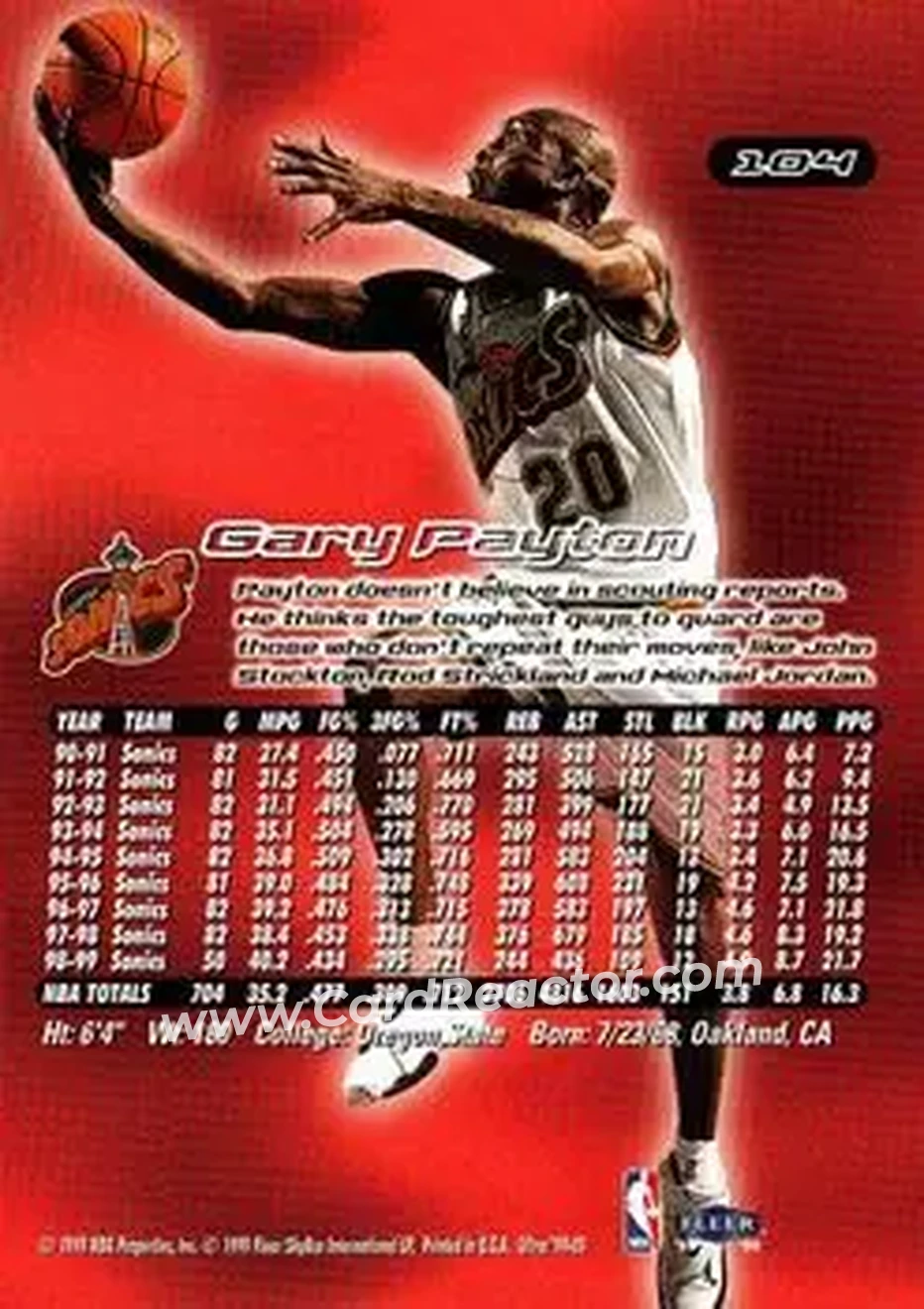 1999-00 Ultra #104 - Gary Payton - Seattle SuperSonics - Back