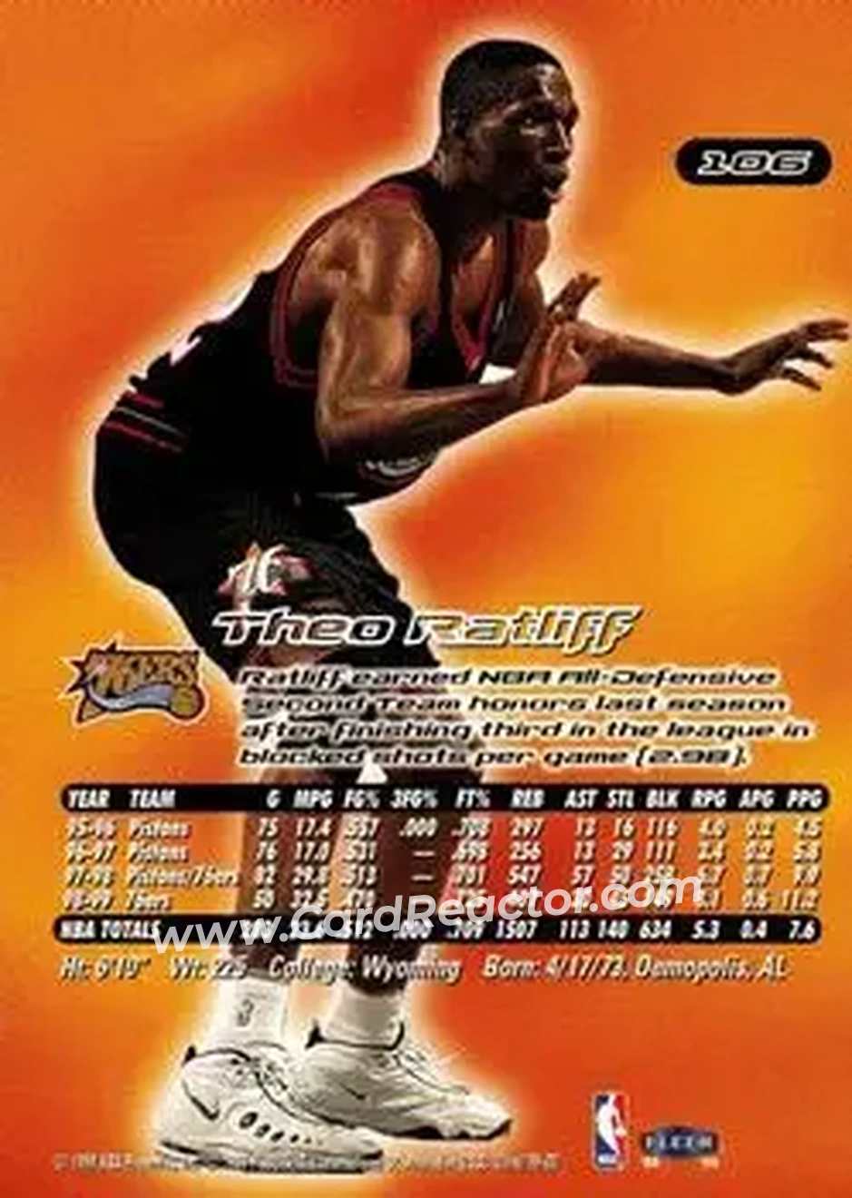 1999-00 Ultra #106 - Theo Ratliff - Philadelphia 76ers - Back 1999-00 Ultra #106 - Theo Ratliff - Philadelphia 76ers - Back