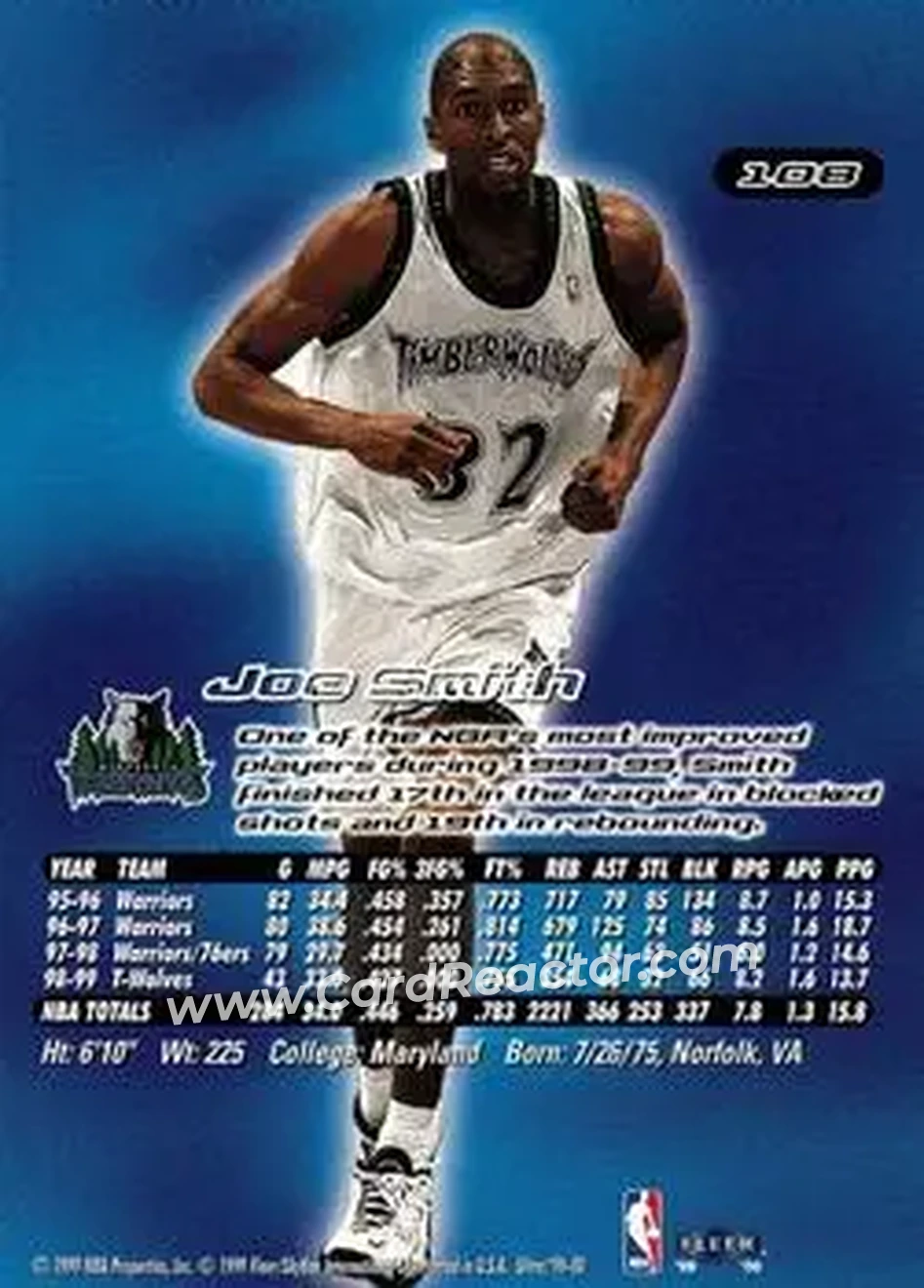 1999-00 Ultra #108 - Joe Smith - Minnesota Timberwolves - Back