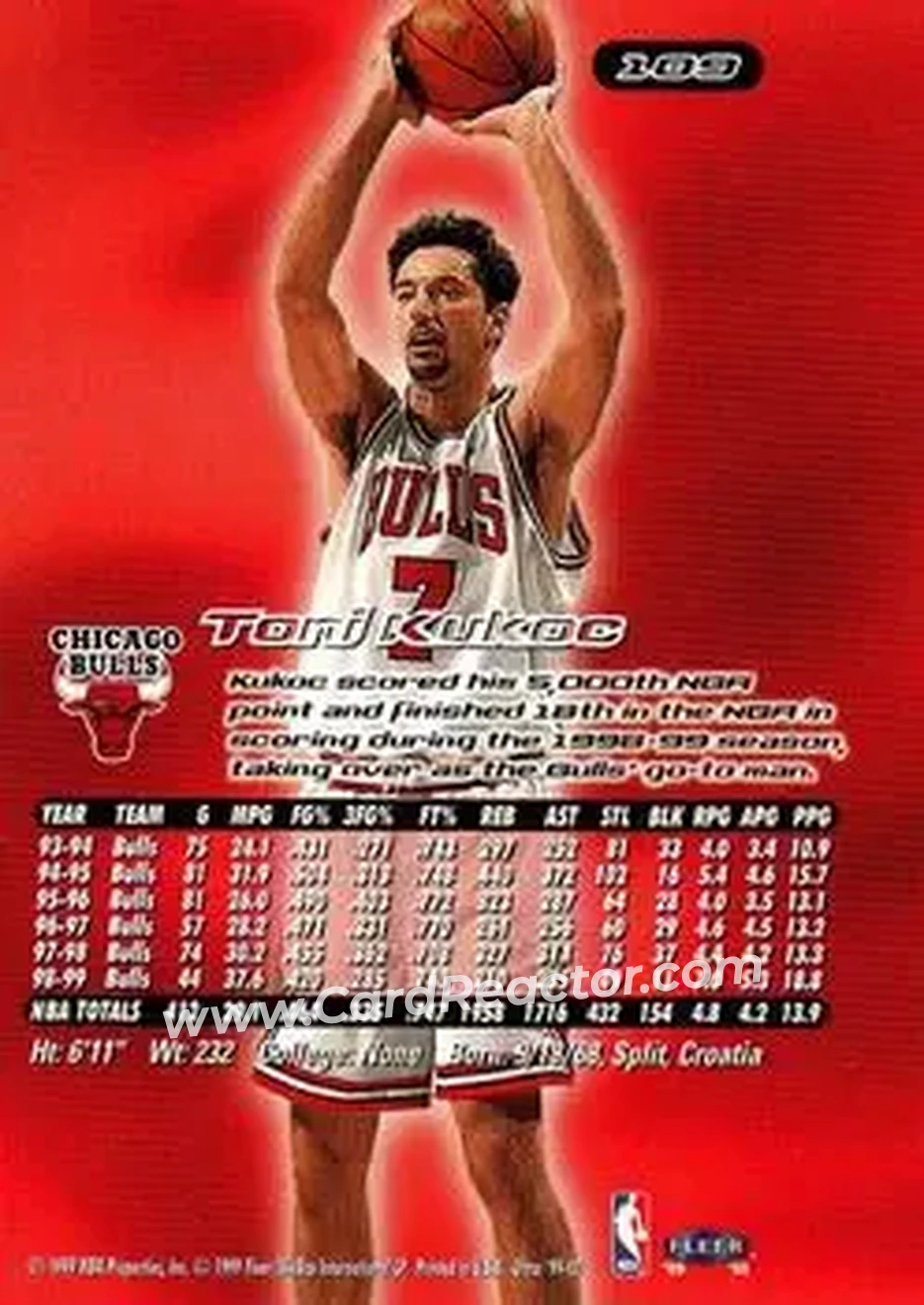 1999-00 Ultra #109 - Toni Kukoc - Chicago Bulls - Back