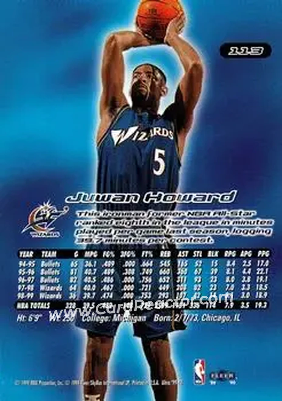 1999-00 Ultra #113 - Juwan Howard - Washington Wizards - Back