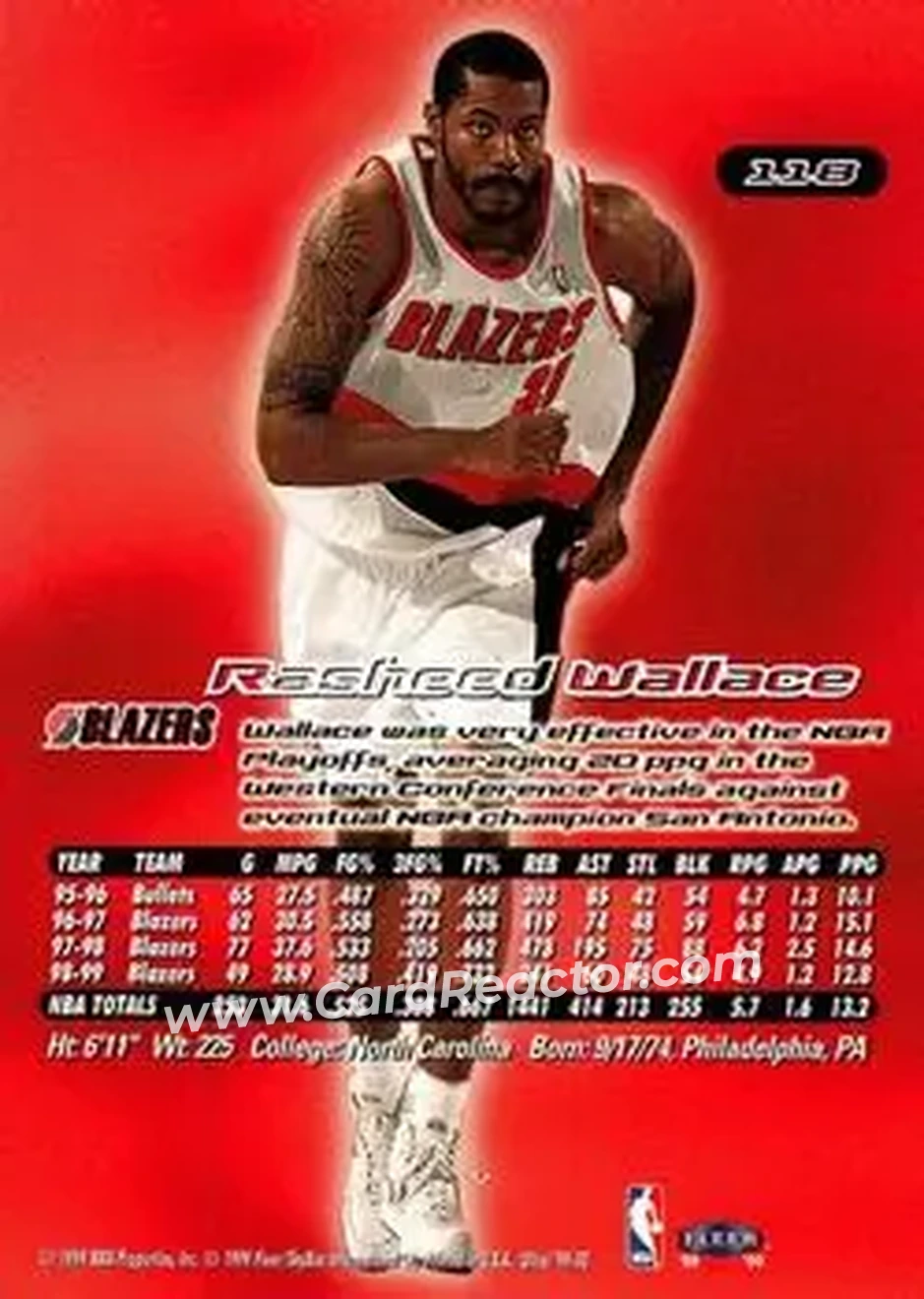1999-00 Ultra #118 - Rasheed Wallace - Portland Trail Blazers - Back 1999-00 Ultra #118 - Rasheed Wallace - Portland Trail Blazers - Back