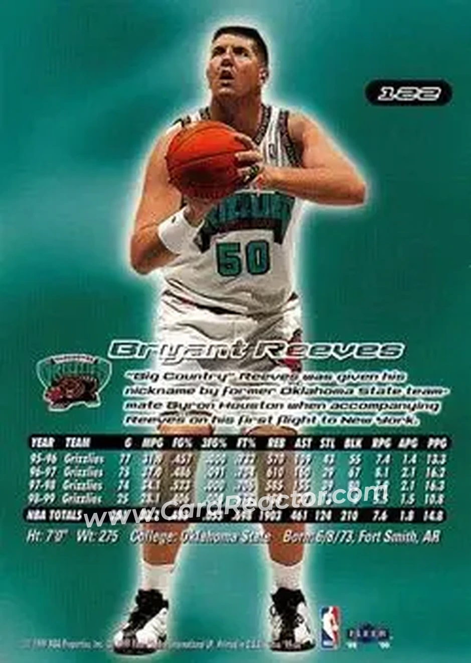 1999-00 Ultra #122 - Bryant Reeves - Vancouver Grizzlies - Back