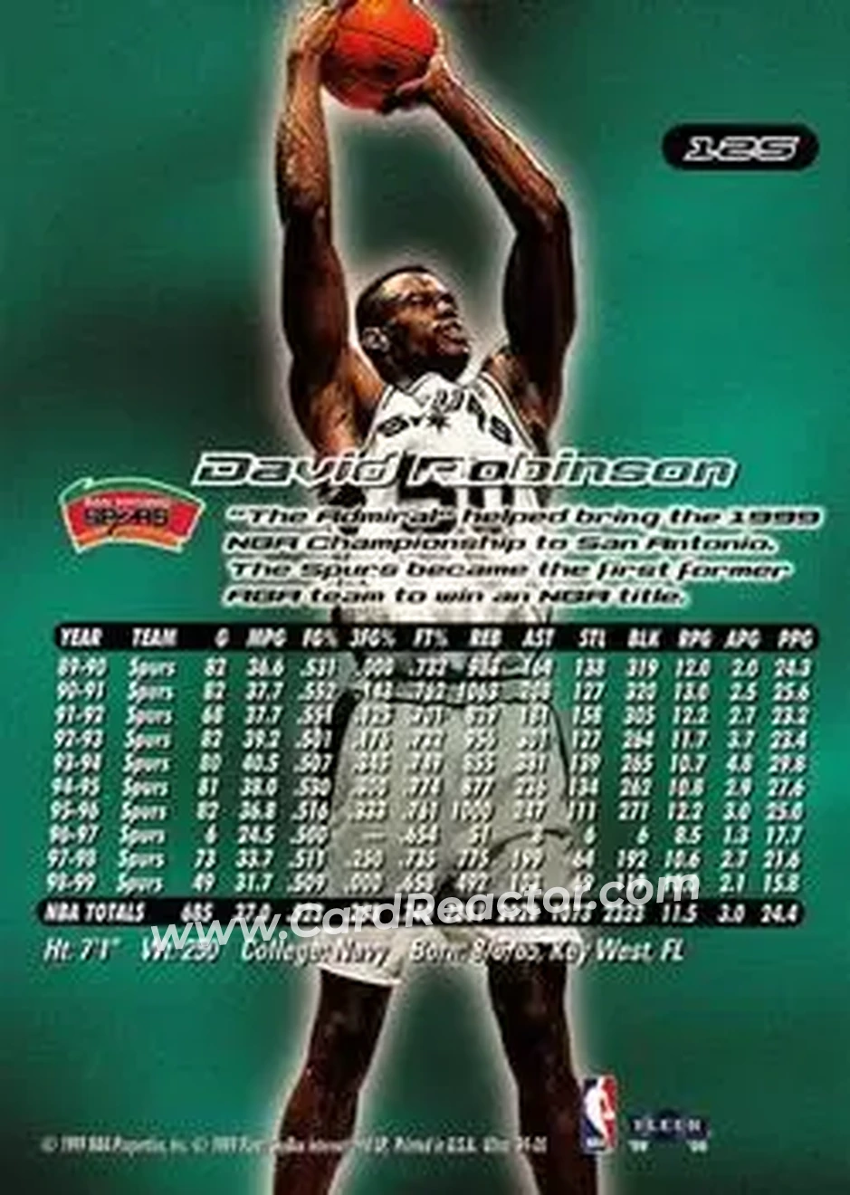 1999-00 Ultra #125 - David Robinson - San Antonio Spurs - Back 1999-00 Ultra #125 - David Robinson - San Antonio Spurs - Back