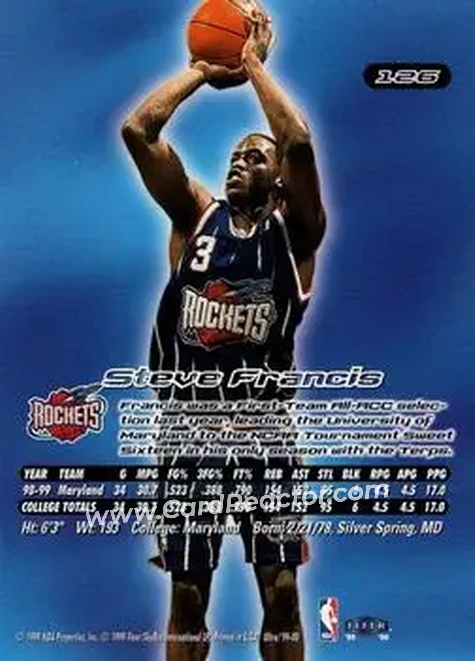 1999-00 Ultra #126 - Steve Francis - Houston Rockets - Back
