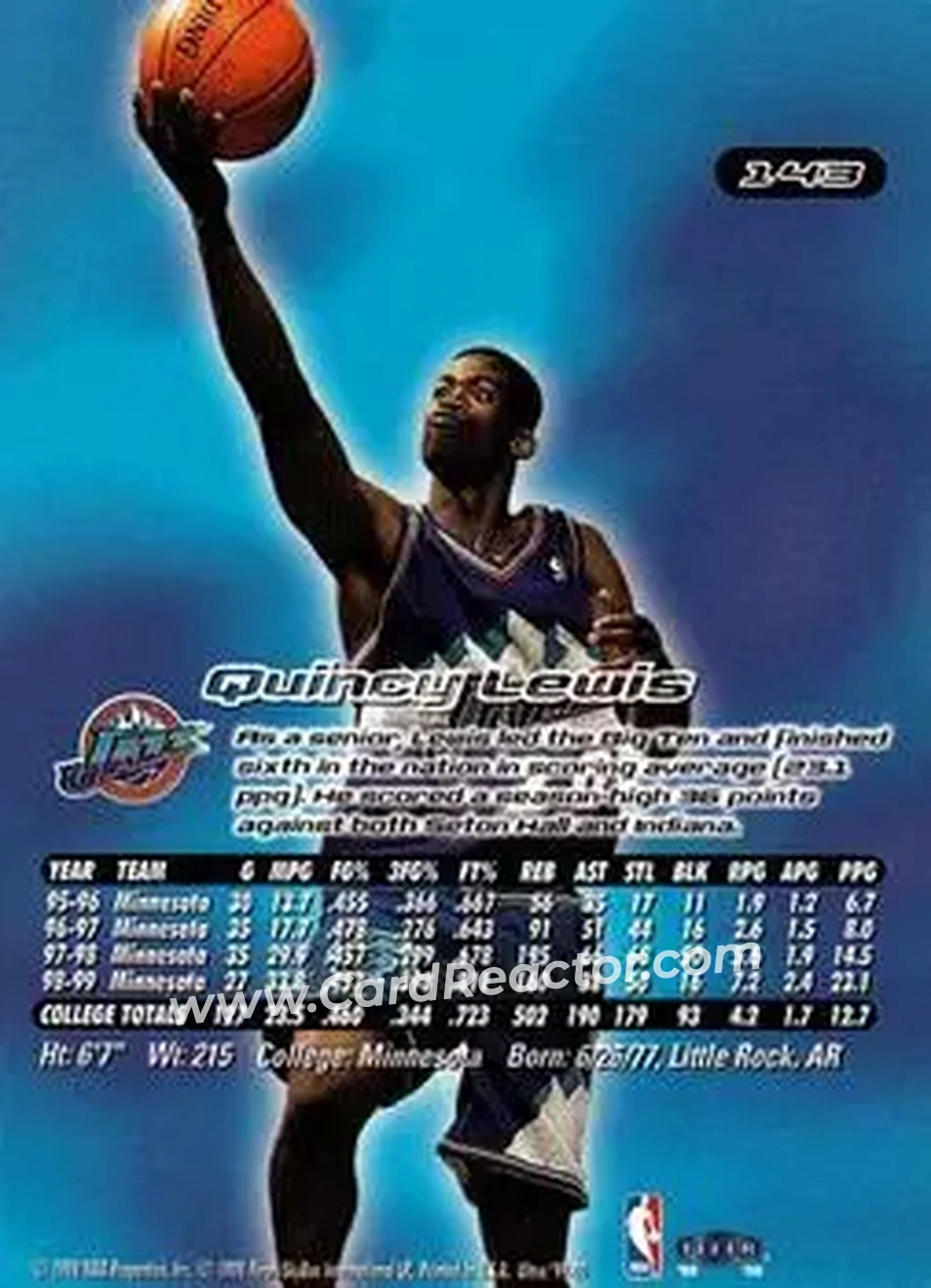 1999-00 Ultra #143 - Quincy Lewis - Utah Jazz - Back