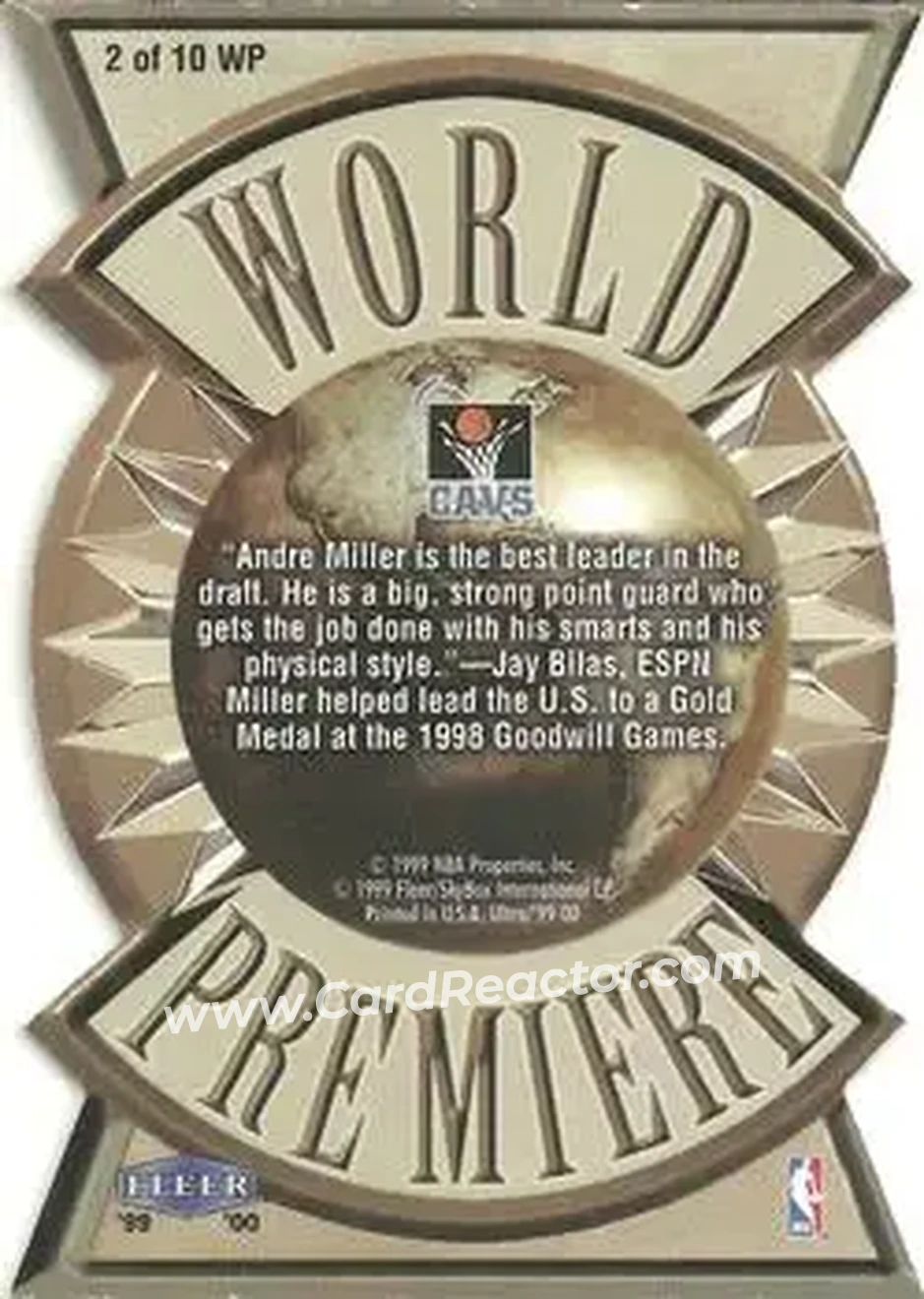 1999-00 Ultra - World Premiere #2 WP - Andre Miller - Cleveland Cavaliers - Back 1999-00 Ultra - World Premiere #2 WP - Andre Miller - Cleveland Cavaliers - Back